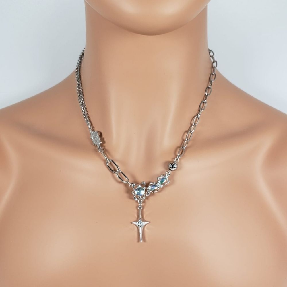 Brand New Silver Cross With Green Stone Necklace